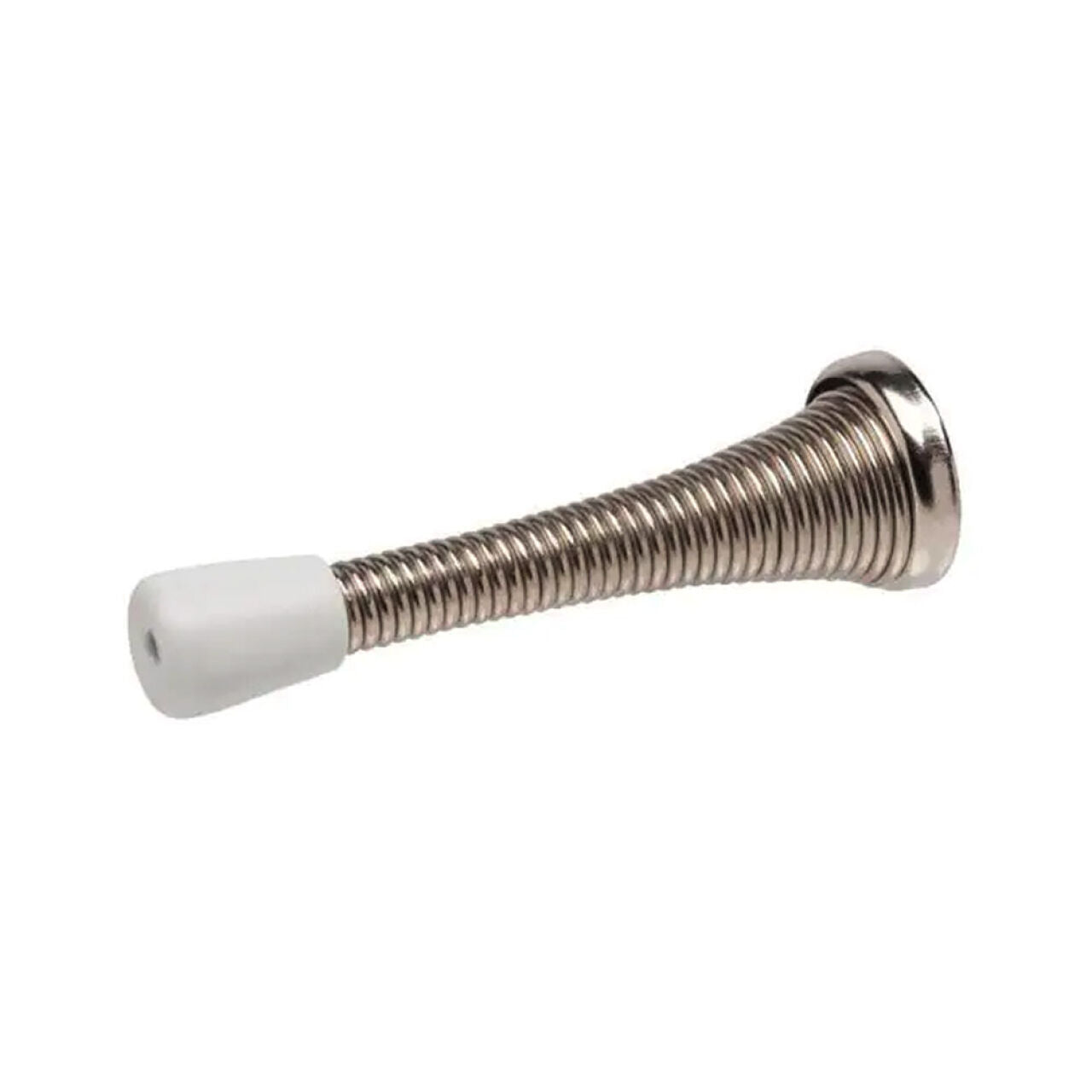 The Go Build 3 in. Spring Door Stop in satin nickel features a coiled spring body, flat round base for mounting, and a white rubber tip for reliable door protection.